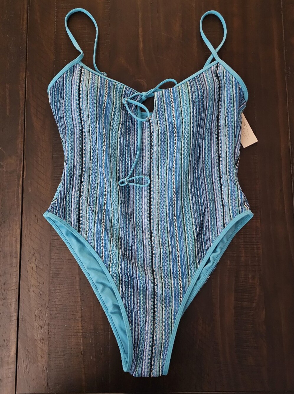 No Boundaries Turquoise Blue Striped One-Piece Swimsuit with Front Tie